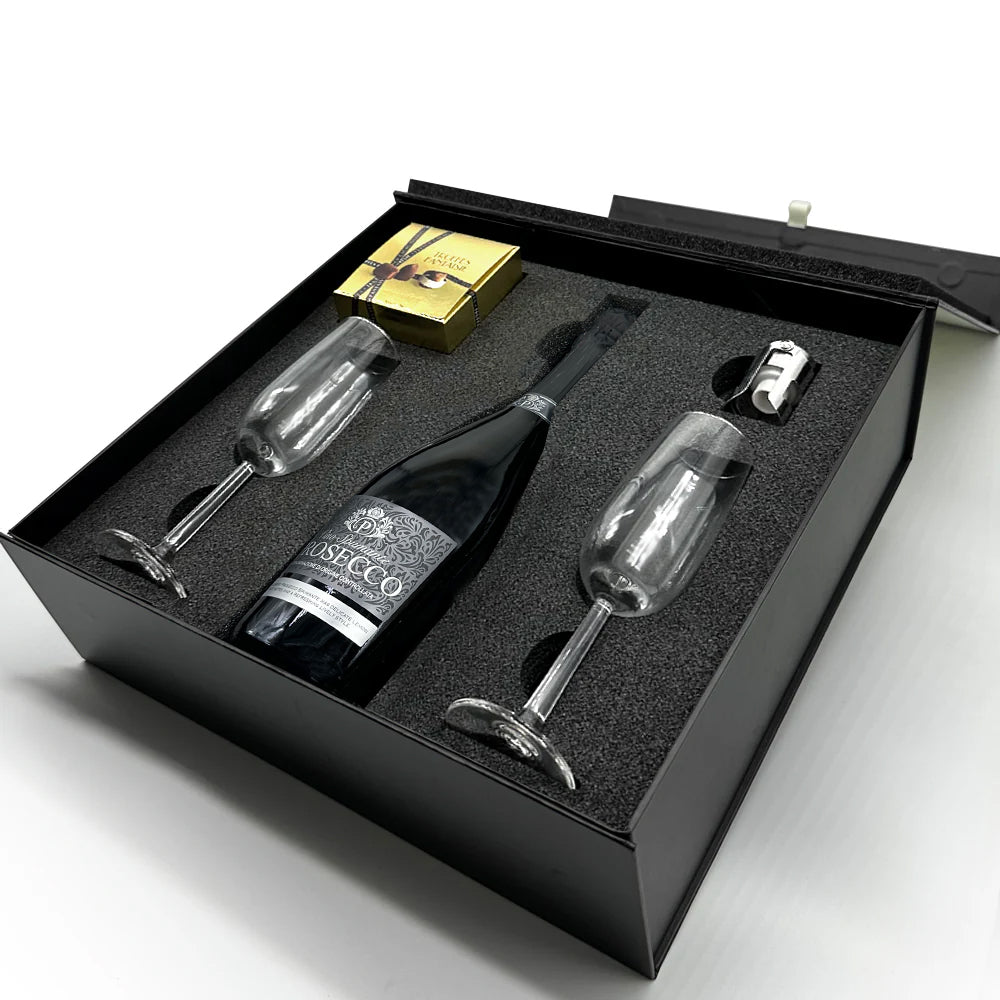 Luxury Prosecco Gift Set Includes Bottle, 2 Flutes, Pewter Bottles Sealer & Truffles