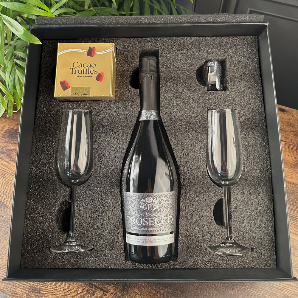 Luxury Prosecco Gift Set Includes Bottle, 2 Flutes, Pewter Bottles Sealer & Truffles