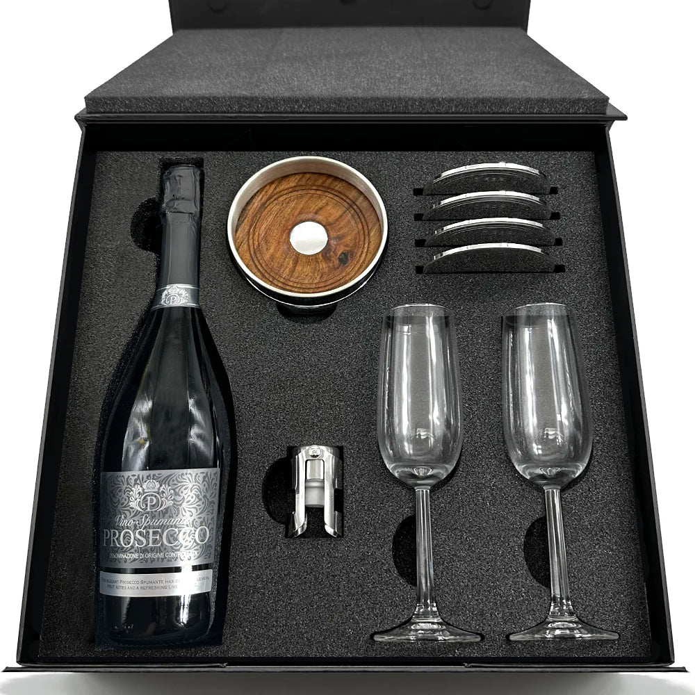 Luxury Prosecco Gift Set Includes Bottle, 2 Flutes, Pewter Bottle Sealer, Pewter Bottle Coaster & 4 Pewter Coasters