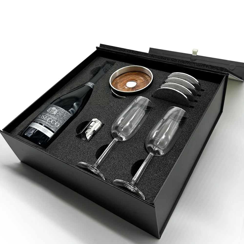 Luxury Prosecco Gift Set Includes Bottle, 2 Flutes, Pewter Bottle Sealer, Pewter Bottle Coaster & 4 Pewter Coasters