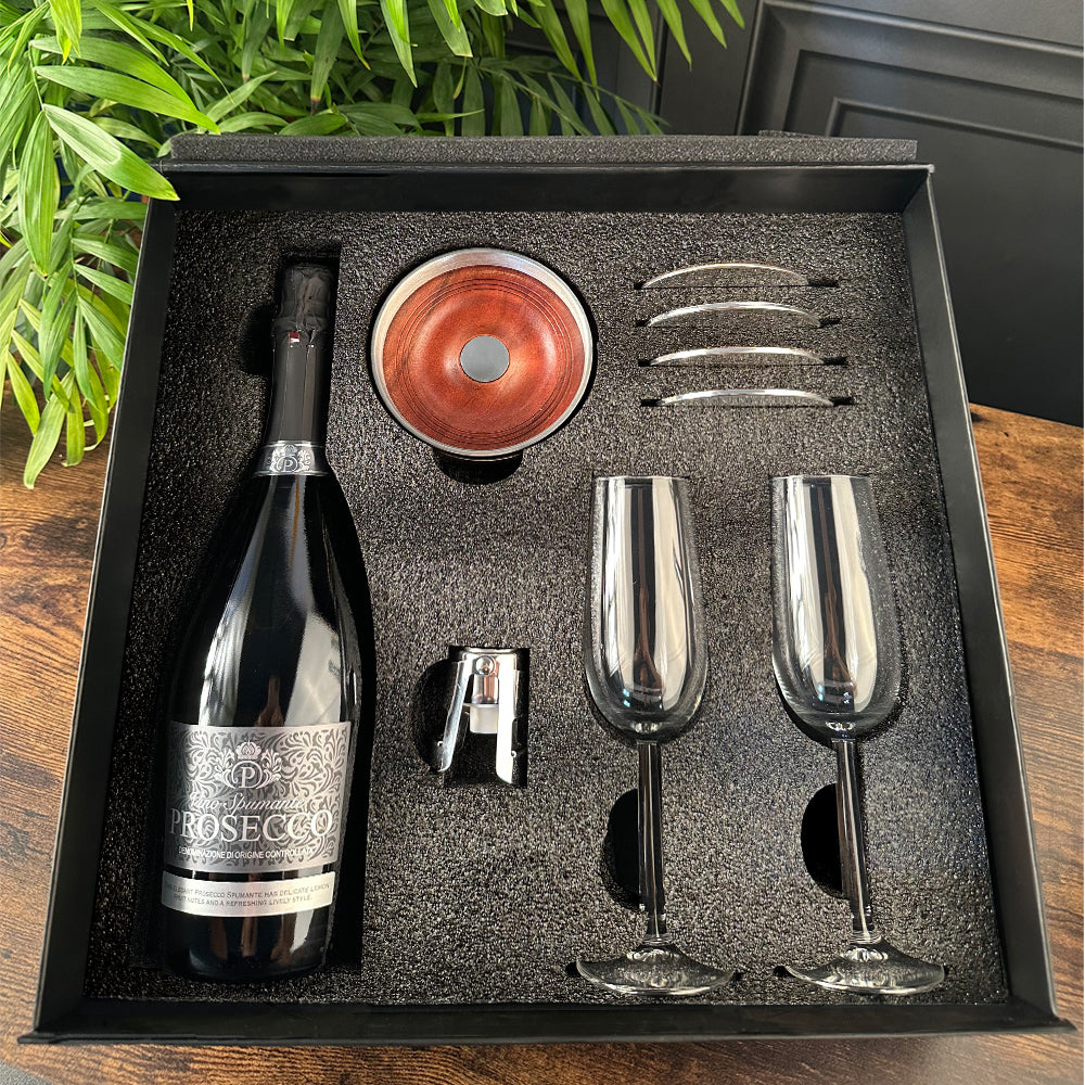 Luxury Prosecco Gift Set Includes Bottle, 2 Flutes, Pewter Bottle Sealer, Pewter Bottle Coaster & 4 Pewter Coasters