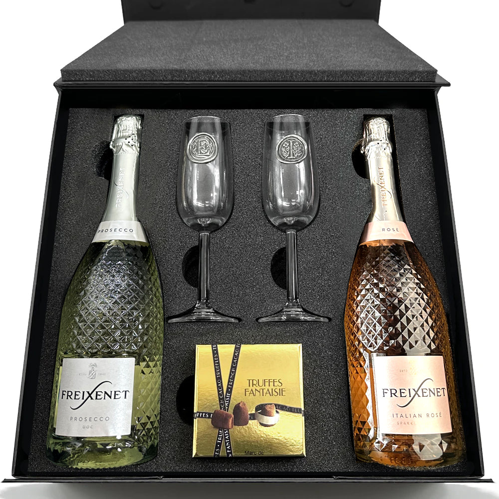 Luxury Prosecco Gift Set Includes Freixenet &amp; Freixenet Rose, 2 Personalised Flutes &amp; Truffles