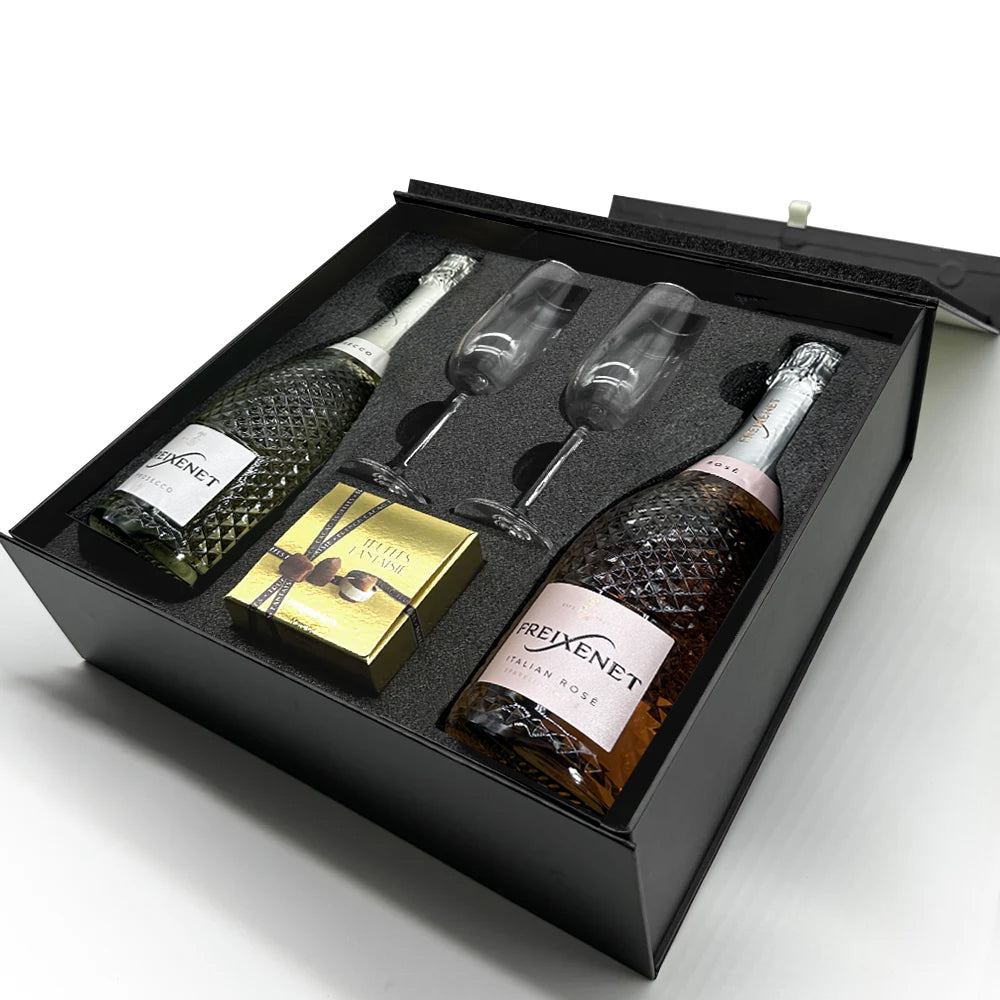 Luxury Prosecco Gift Set Includes Freixenet & Freixenet Rose, 2 Flutes & Truffles