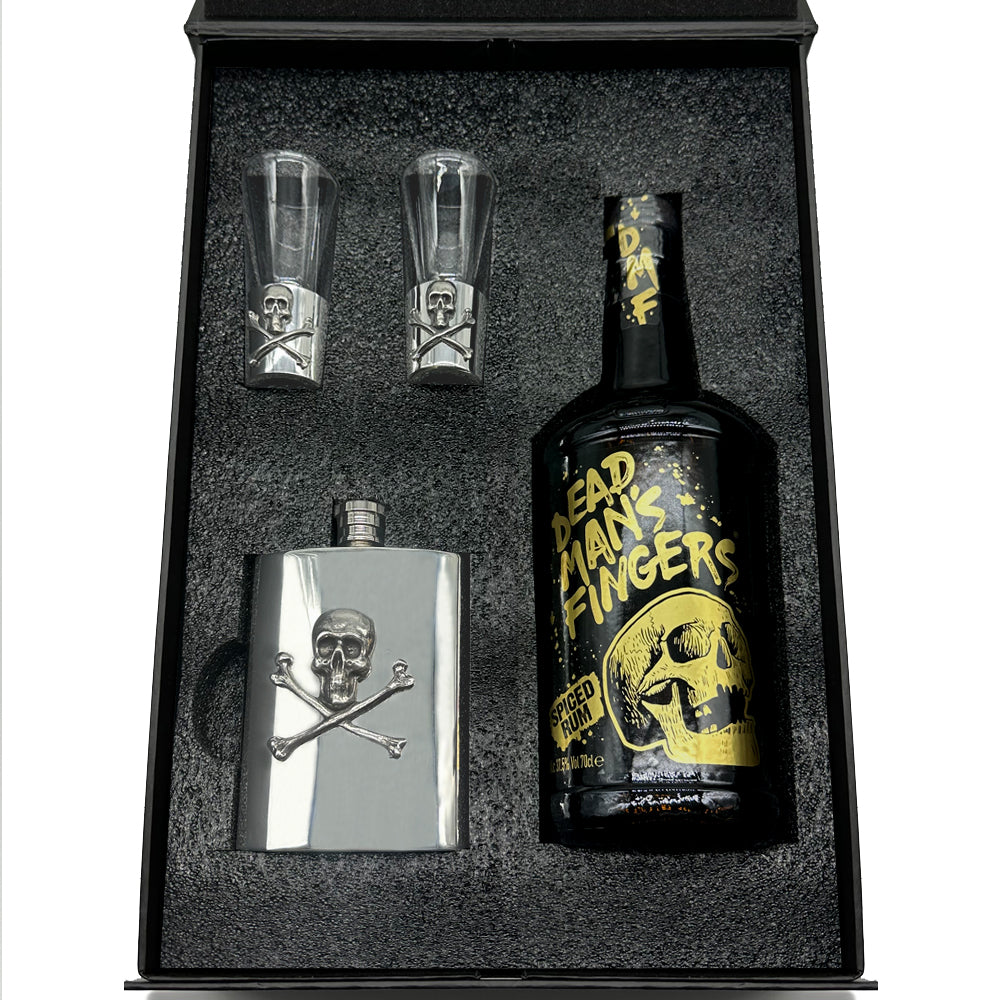 Luxury Rum Gift Set Includes Bottle, Shot Glasses and Hip Flask