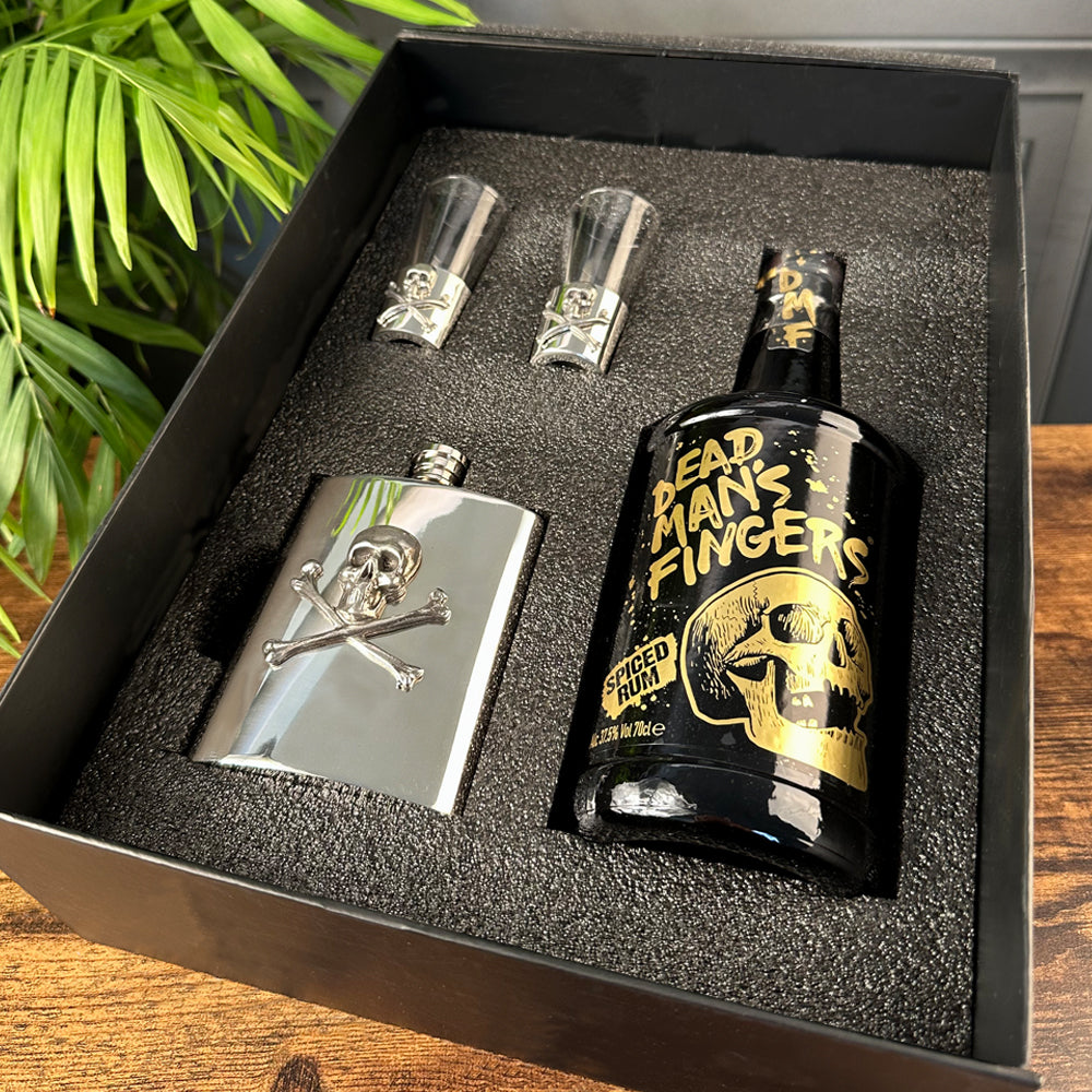 Luxury Rum Gift Set Includes Bottle, Shot Glasses and Hip Flask