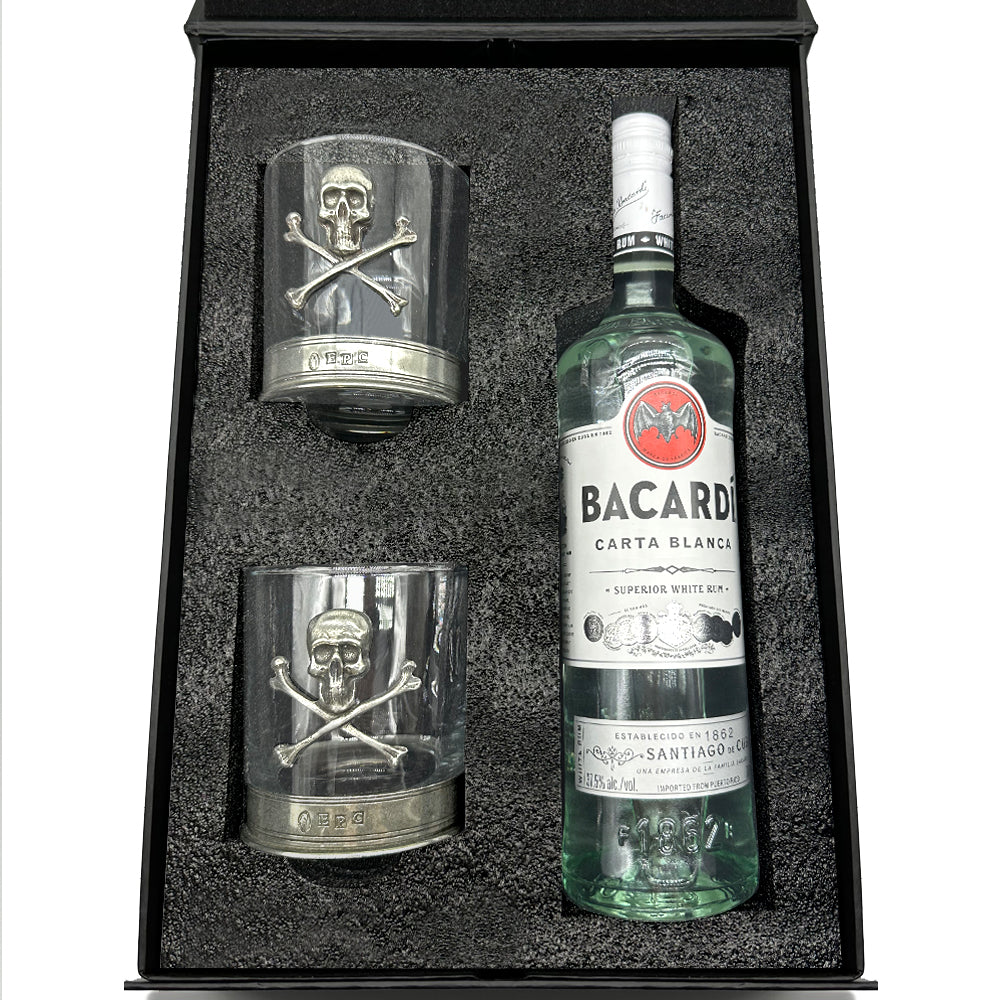 Luxury Rum Gift Set Includes Bottle and set Skull and Crossbones Tumblers