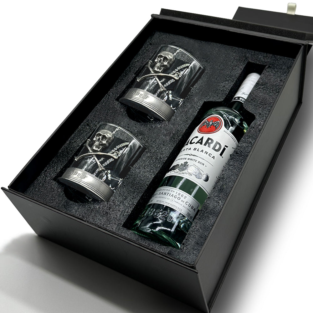 Luxury Rum Gift Set Includes Bottle and set Skull and Crossbones Tumblers
