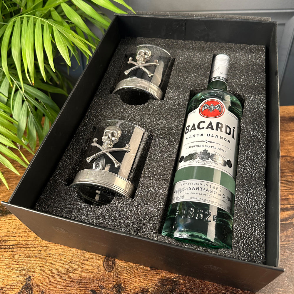 Luxury Rum Gift Set Includes Bottle and set Skull and Crossbones Tumblers
