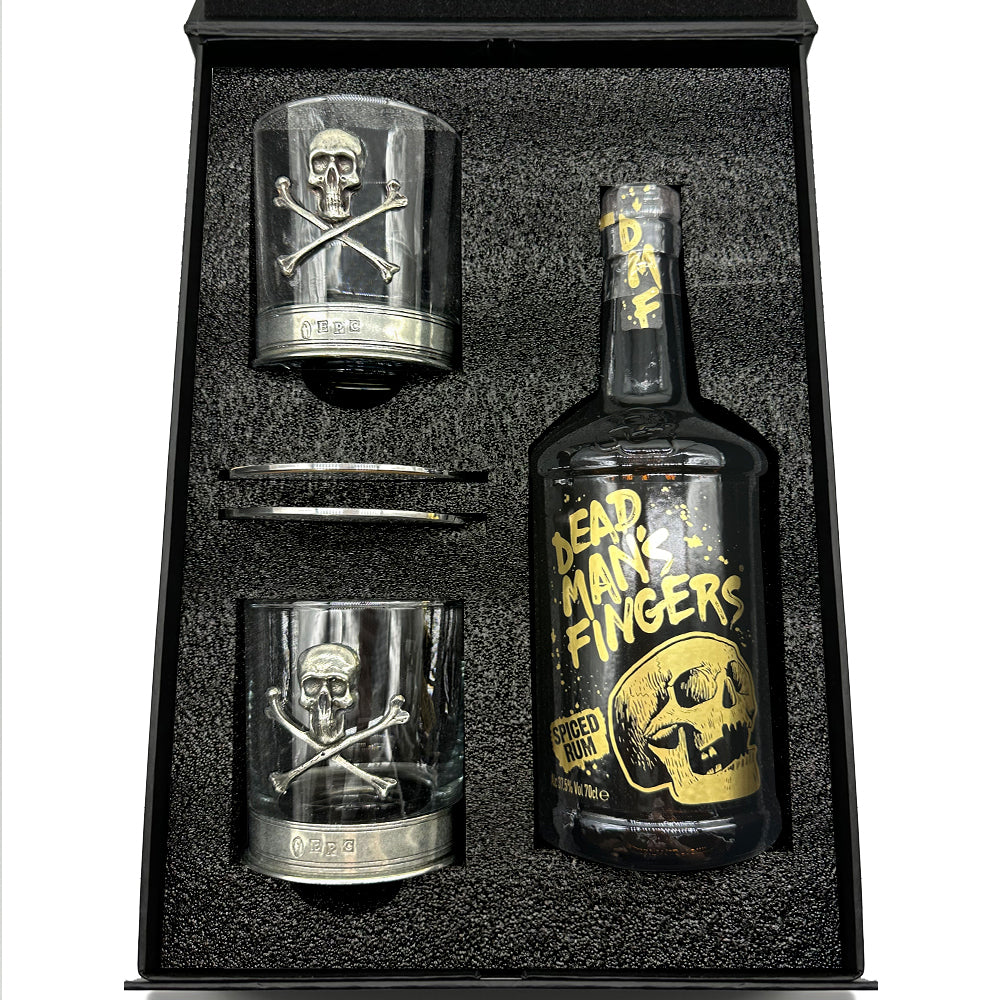 Luxury Rum Gift Set Includes Bottle, set Skull and Crossbones Tumblers and coasters
