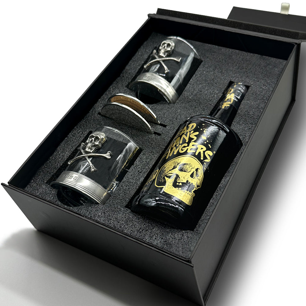 Luxury Rum Gift Set Includes Bottle, set Skull and Crossbones Tumblers and coasters