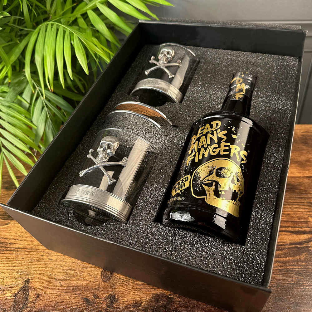 Luxury Rum Gift Set Includes Bottle, set Skull and Crossbones Tumblers and coasters