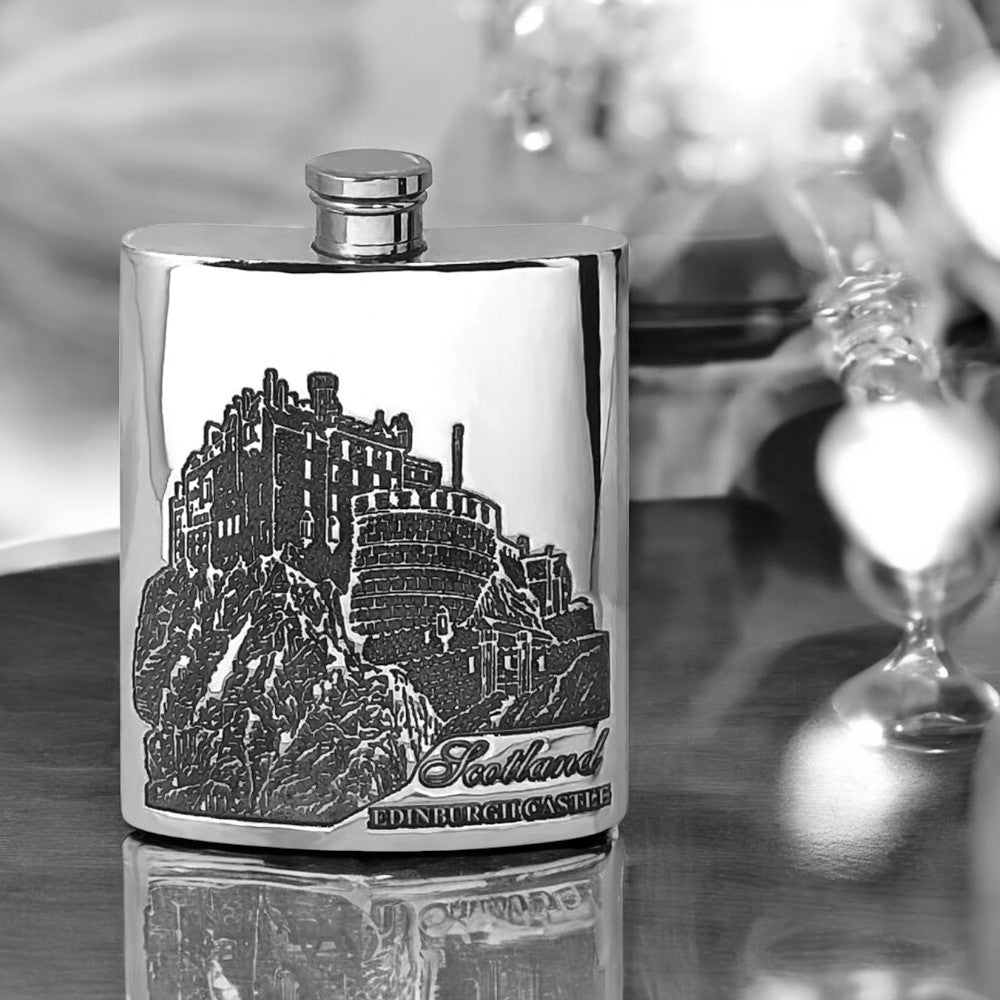 6oz Zinn Flachmann mit Edinburgh Castle Schottland Design