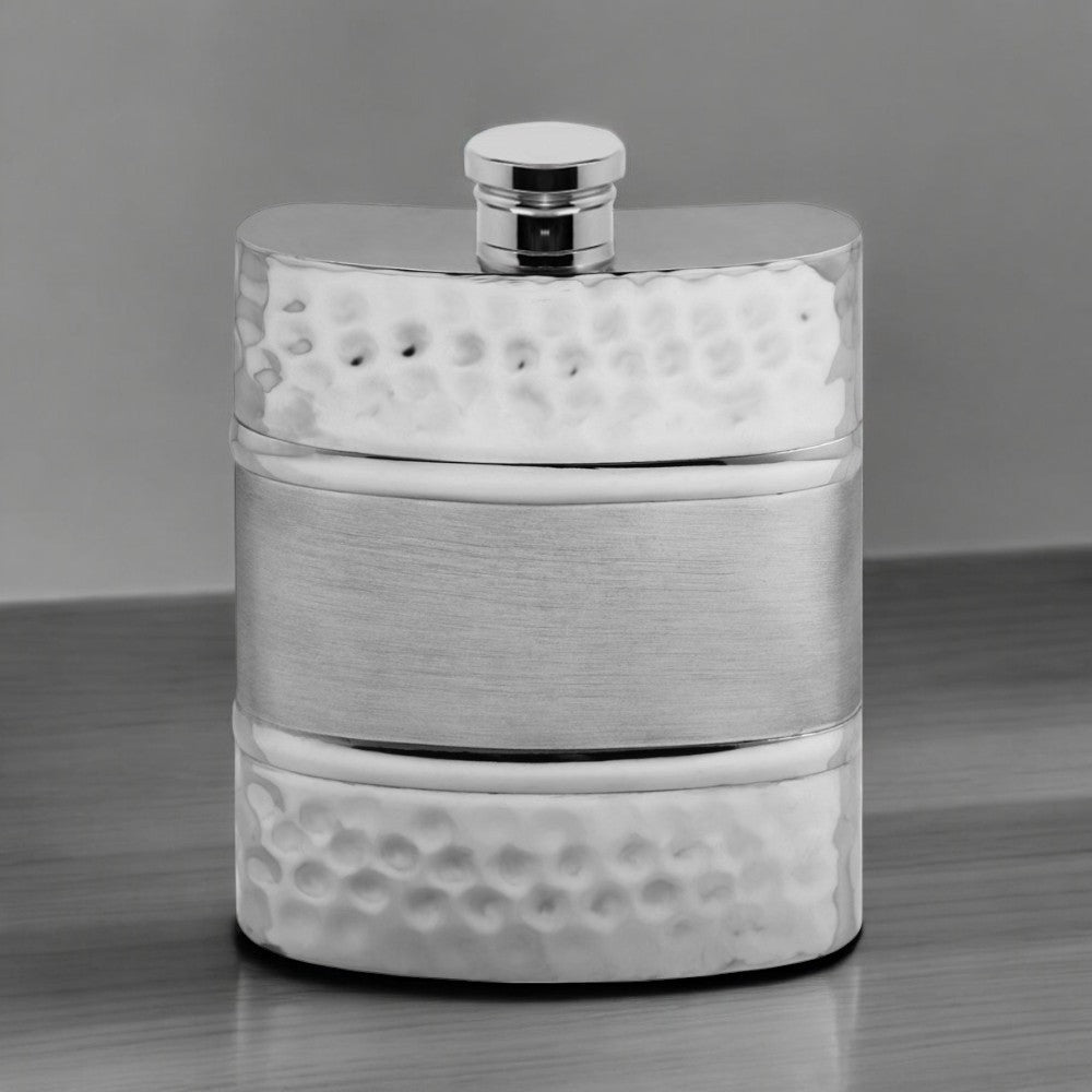 6oz Hammered Design Pewter Hip Flask With Satin Centre Band