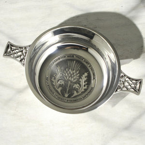 3.5 Inch Celtic Knot Handle Pewter Quaich Bowl with Tae A Thistle Design