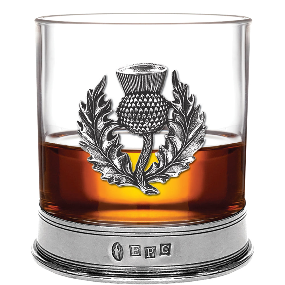 Bicchiere di vetro per whisky in peltro con cardo scozzese da 11 once