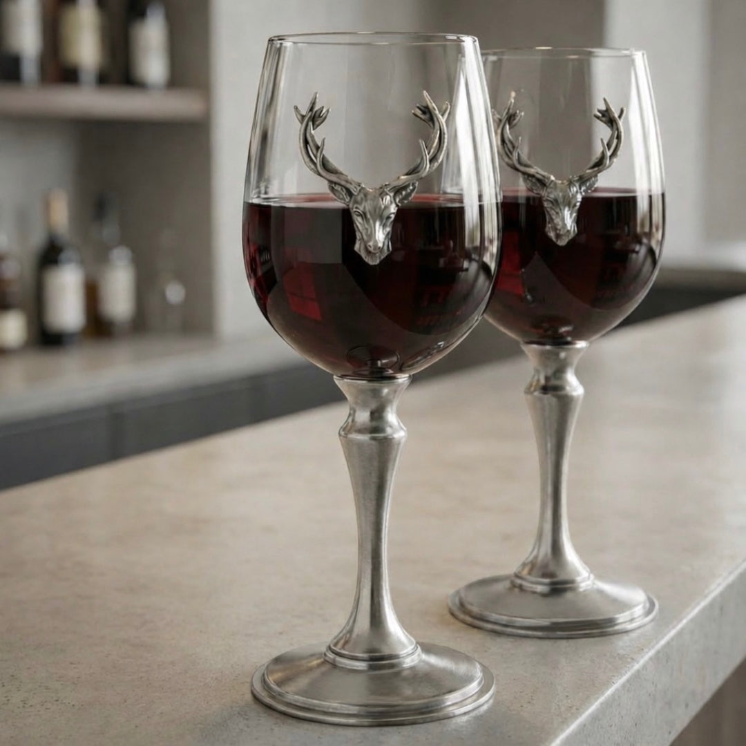Verres à vin de luxe en étain à tête de cerf avec pied en étain massif - Paire