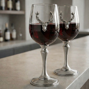 Luxury Pewter Stag Head Wine Glasses Set With Solid Pewter Stem - Pair