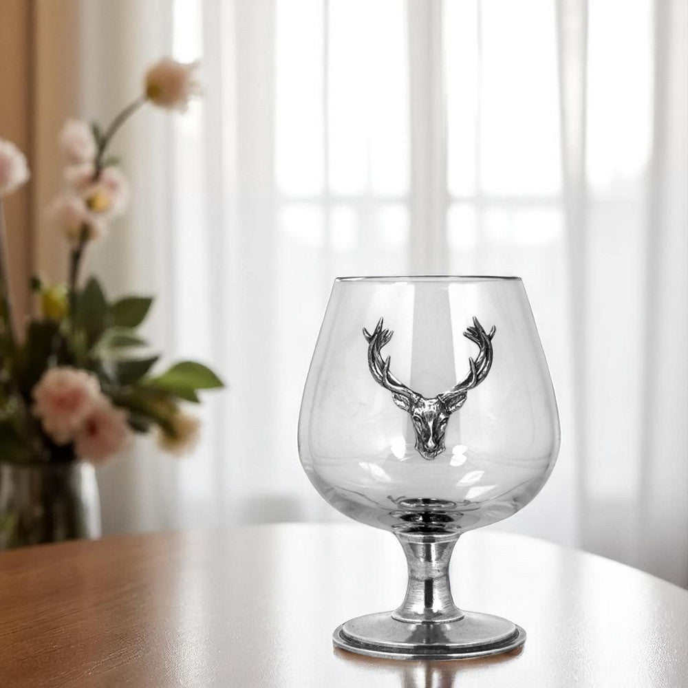 Snifter per brandy con cervo in peltro