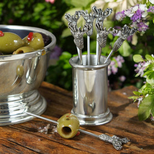 Pewter Cocktail or Olive Picks With Stag Design & Holder (6 Picks)