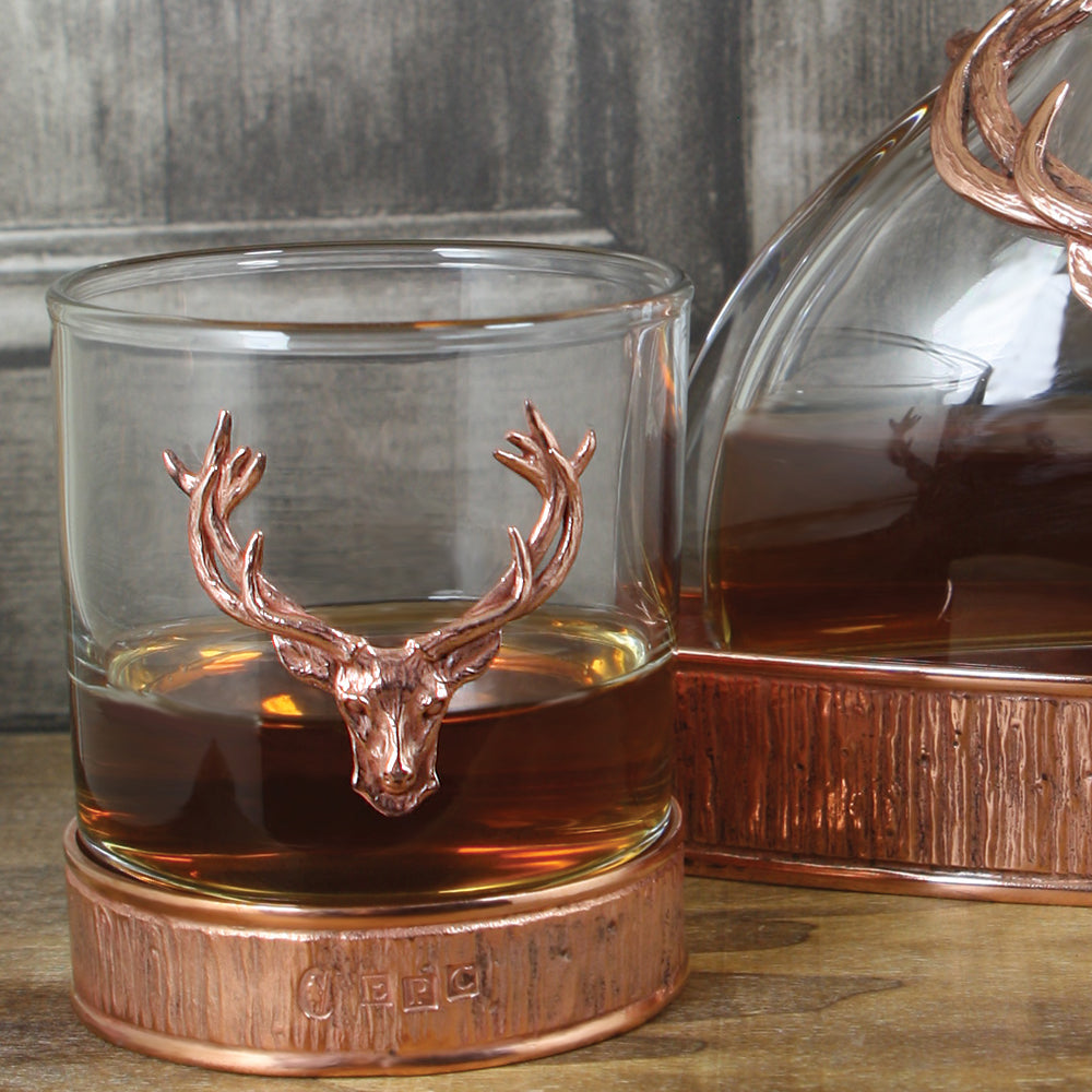 Majestic 570ml Whisky, Wine &amp; Spirits Copper Stag Crystal Decanter Gift Set Includes 2x 11oz Stag Copper Tumblers - GSET13