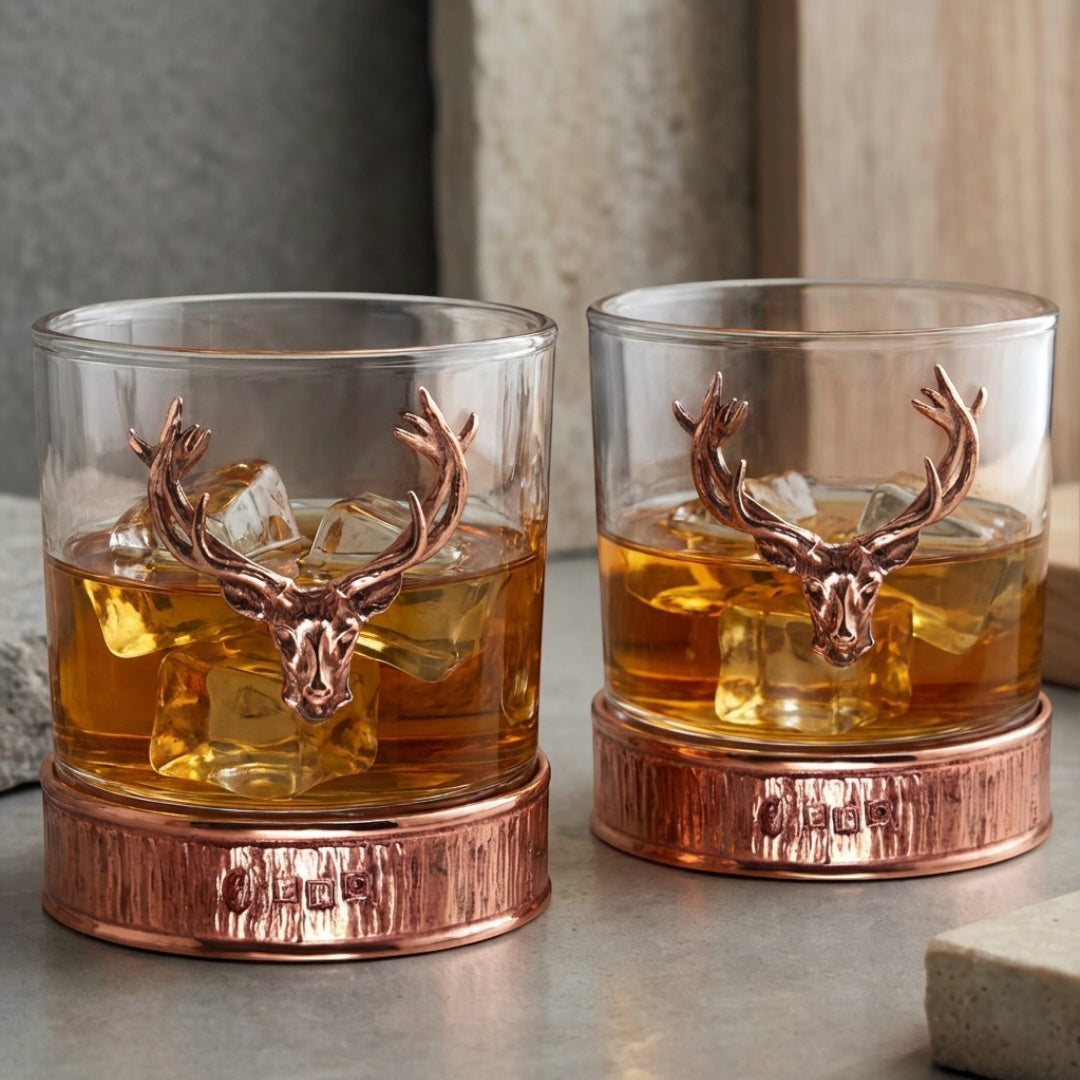 11oz Kupfer Majestic Hirsch Kopf Zinn Whisky Glas Becher Set von 2