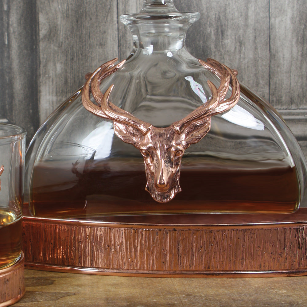 Majestic 570ml Whisky, Wine &amp; Spirits  Copper Stag Crystal Decanter Gift Set Includes 4x 11oz Stag Copper Tumblers
