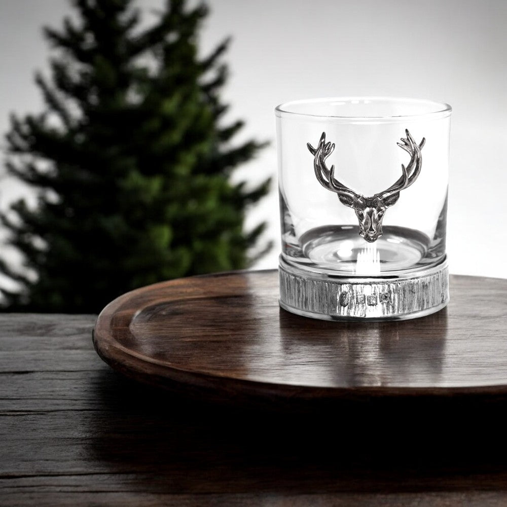 Bicchiere di vetro per whisky personalizzato da 11 once Majestic Stag Head Pewter, set di 2 bicchieri