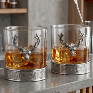 Personalised 11oz Majestic Stag Head Pewter Whisky Glass Tumbler Set of 2