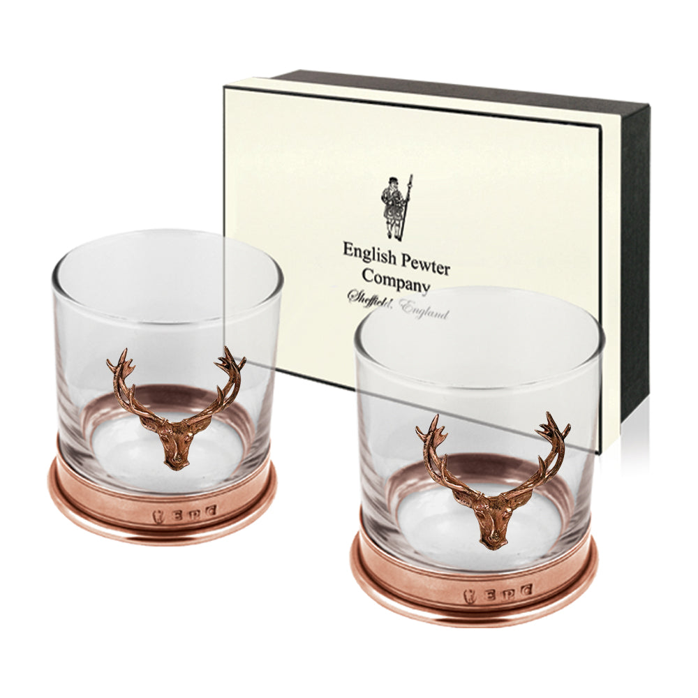 11oz Copper Majestic Stag Head Pewter Whisky Glass Tumbler Set of 2