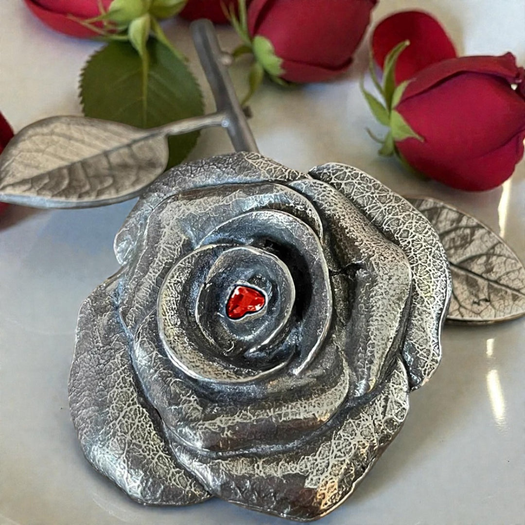 Valentine Everlasting Love Forever Pewter Rose With Swarovski Heart Crystal Keepsake Gift