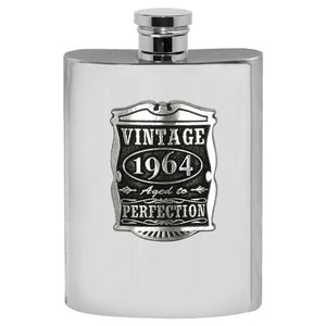 60th Birthday or Anniversary Gift 1964 Vintage Years Pewter Hip Flask