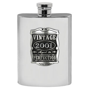 25th Birthday or Anniversary Gift 2001 Vintage Years Pewter Hip Flask