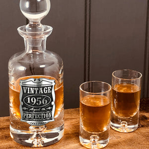 Regalo per il 70° compleanno o anniversario 1952 Anni Vintage Set di mini decanter in peltro e cristallo con bicchieri da shot