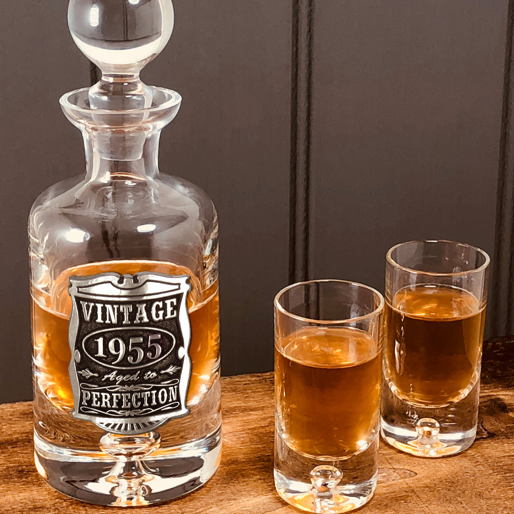 Regalo per il 70° compleanno o anniversario 1952 Anni Vintage Set di mini decanter in peltro e cristallo con bicchieri da shot