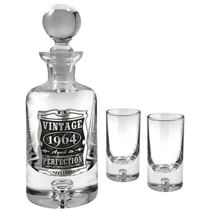 60th Birthday or Anniversary Gift 1964 Vintage Years Pewter & Crystal Mini Decanter Set With Shot Glasses
