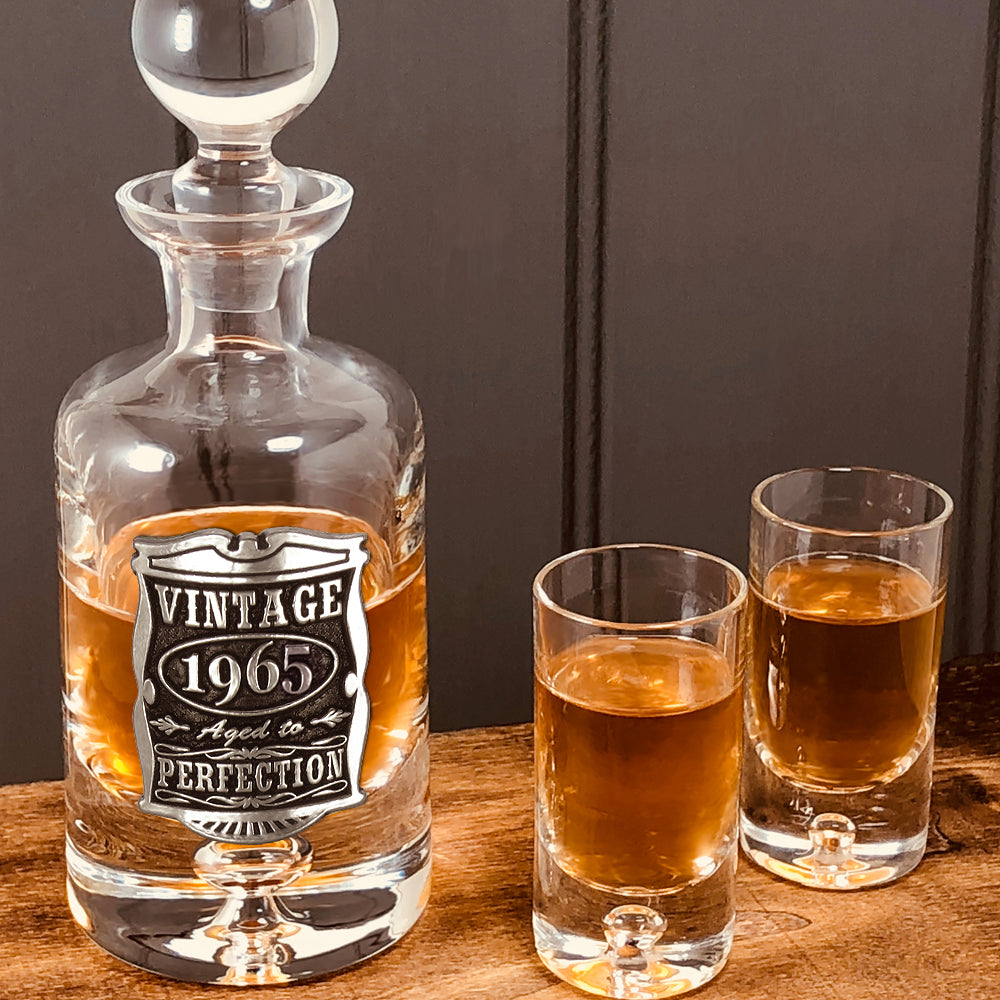 60° Compleanno o Anniversario Regalo 1962 Anni Vintage Peltro &amp;amp; Crystal Mini Decanter Set con bicchieri Shot