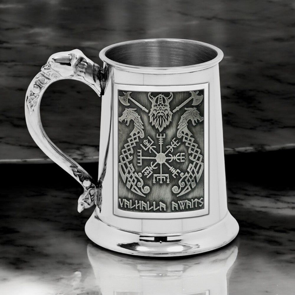 1pt* Pewter Tankard with Viking Valhalla Design and Nordic Handle
