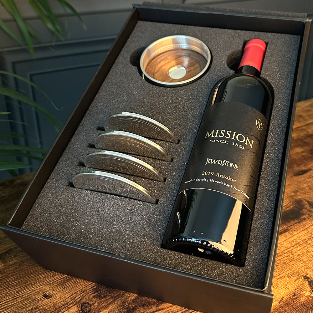 Luxury Wine Gift Set Includes Bottle, 4 Pewter Coasters &amp; Pewter Wine Bottle Coaster