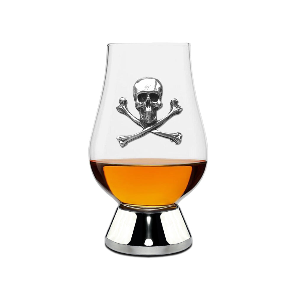 The Wee Glencairn Whisky Tasting Glass with Pewter Base and Skull &amp; Cross Bones 70ml