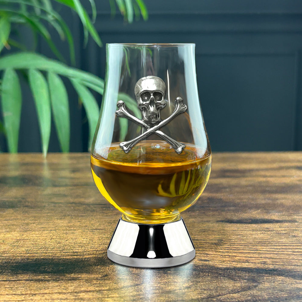 The Wee Glencairn Whisky Tasting Glass with Pewter Base and Skull &amp; Cross Bones 70ml