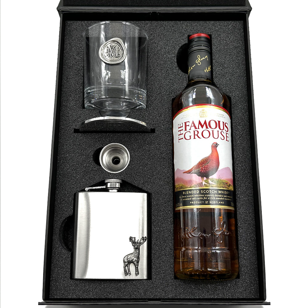 Luxury Whisky Gift Set Includes Bottle, Personalised 11oz Whisky Tumbler, Pewter Coaster &amp; Stainless Steel Hip Flask &amp; Funnel