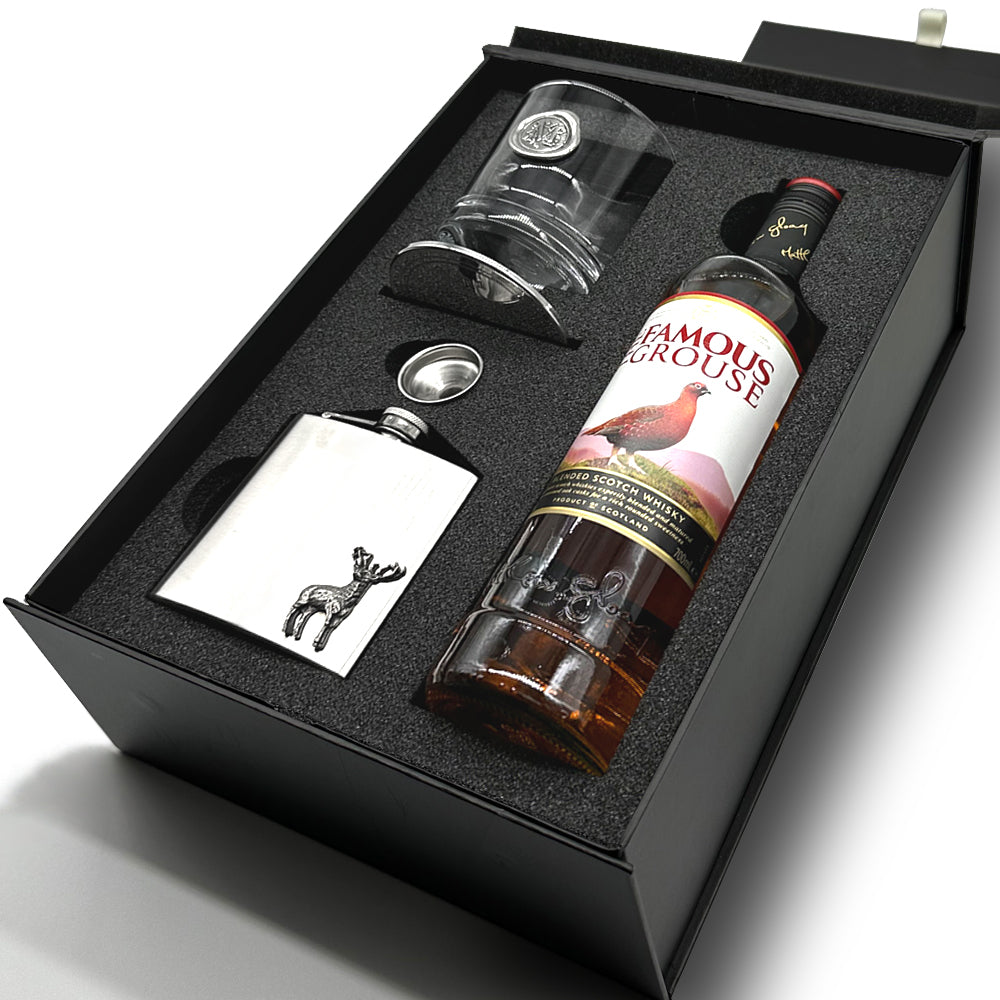 Luxury Whisky Gift Set Includes Bottle, Personalised 11oz Whisky Tumbler, Pewter Coaster &amp; Stainless Steel Hip Flask &amp; Funnel