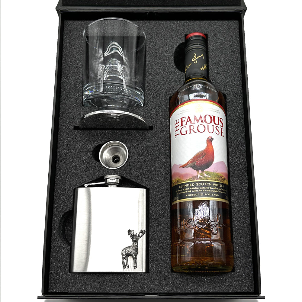 Luxury Whisky Gift Set Includes Bottle, 11oz Whisky Tumbler, Pewter Coaster & Stainless Steel Hip Flask & Funnel