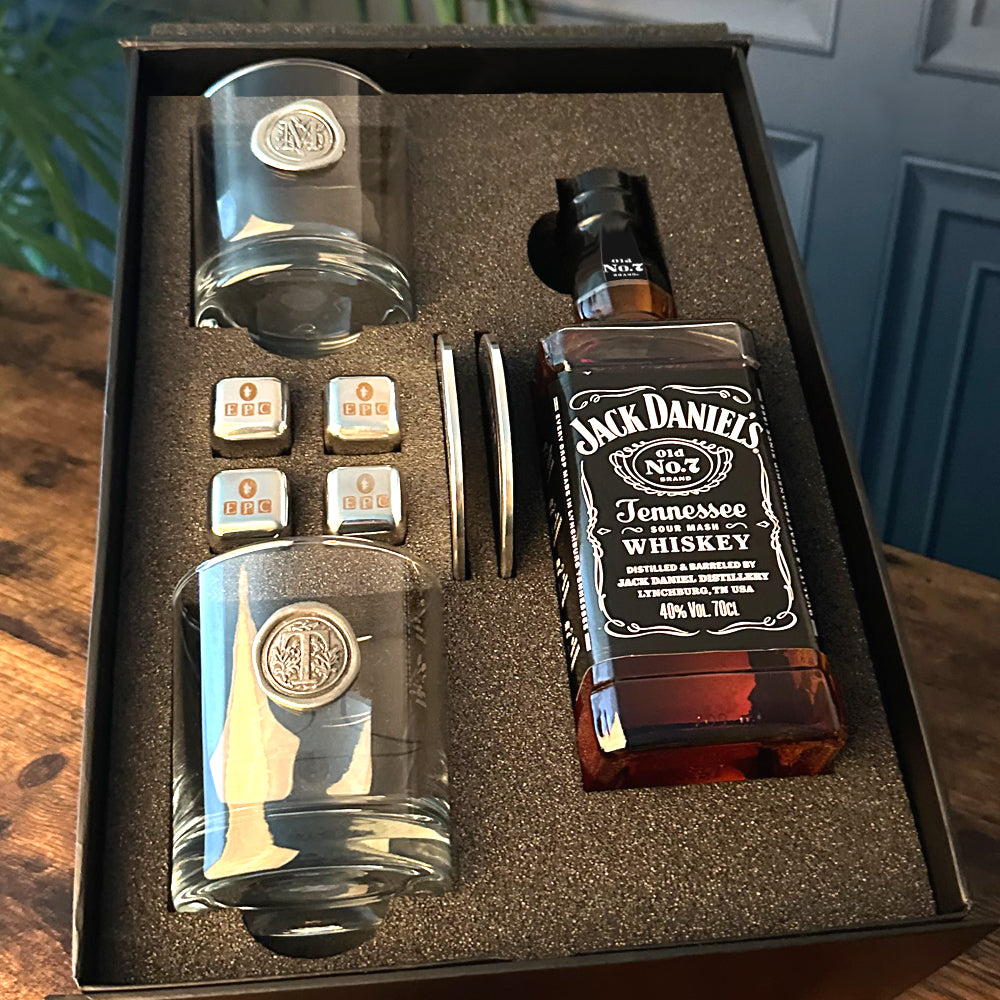 Luxury Whisky Gift Set Includes Bottle, Personalised 11oz Whisky Tumblers, 2 Pewter Coasters & Whisky Stones Set