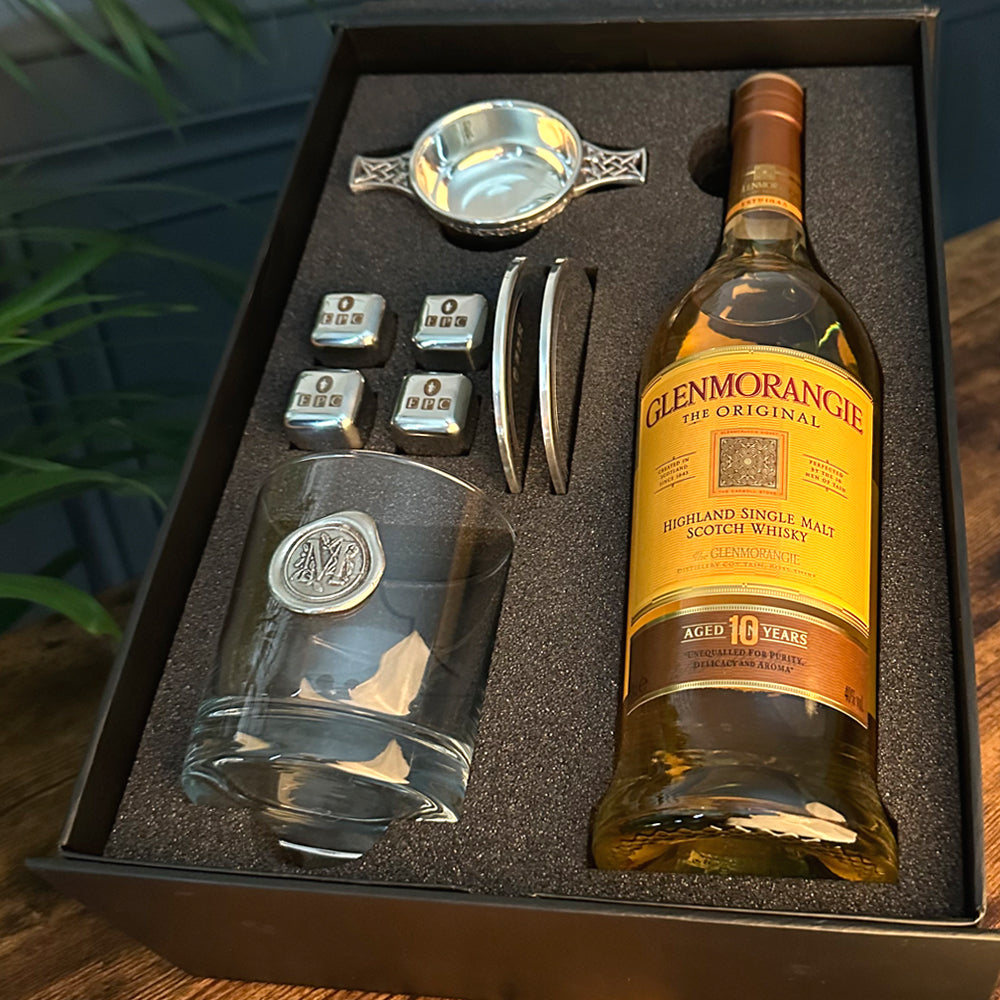 Whisky Double Set 5- 1x 11oz Monogram Whisky Glass, Whisky Stones &amp; 2x Pewter Coasters and Pewter Quaich Bowl