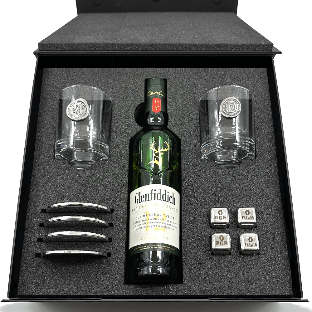 Luxury Whisky Gift Set Includes Bottle, 2 Personalised Whisky 11oz Tumblers, 4 Pewter Coasters &amp; Set Of Whisky Stones