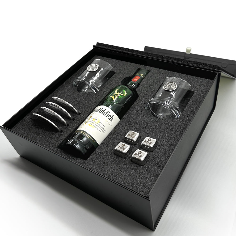 Luxury Whisky Gift Set Includes Bottle, 2 Personalised Whisky 11oz Tumblers, 4 Pewter Coasters &amp; Set Of Whisky Stones