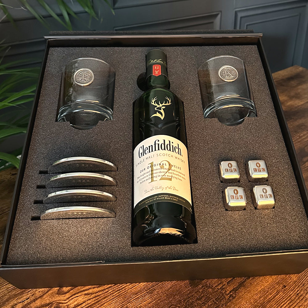 Luxury Whisky Gift Set Includes Bottle, 2 Personalised Whisky 11oz Tumblers, 4 Pewter Coasters &amp; Set Of Whisky Stones