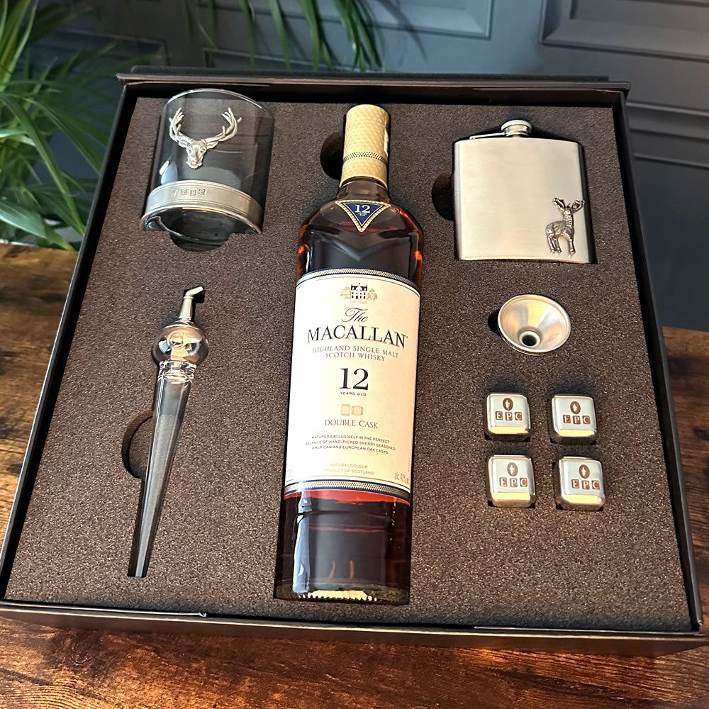 Luxury Whisky Gift Set Includes Bottle, Stainless Steel Hipflask with Funnel, Set Of Whisky Stones, Whisky Pipette &amp; 11oz Whisky Tumbler