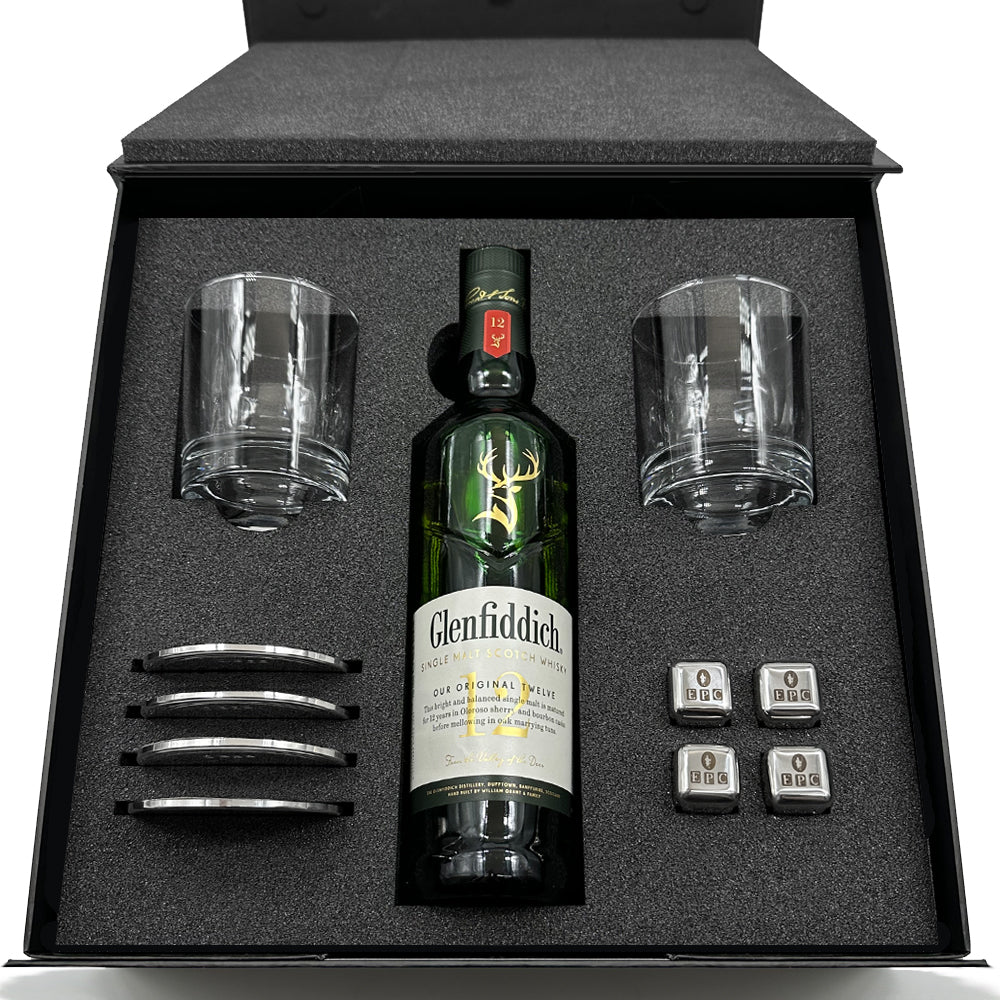Luxury Whisky Gift Set Includes Bottle, 2 Whisky 11oz Tumblers, 4 Pewter Coasters &amp; Set Of Whisky Stones